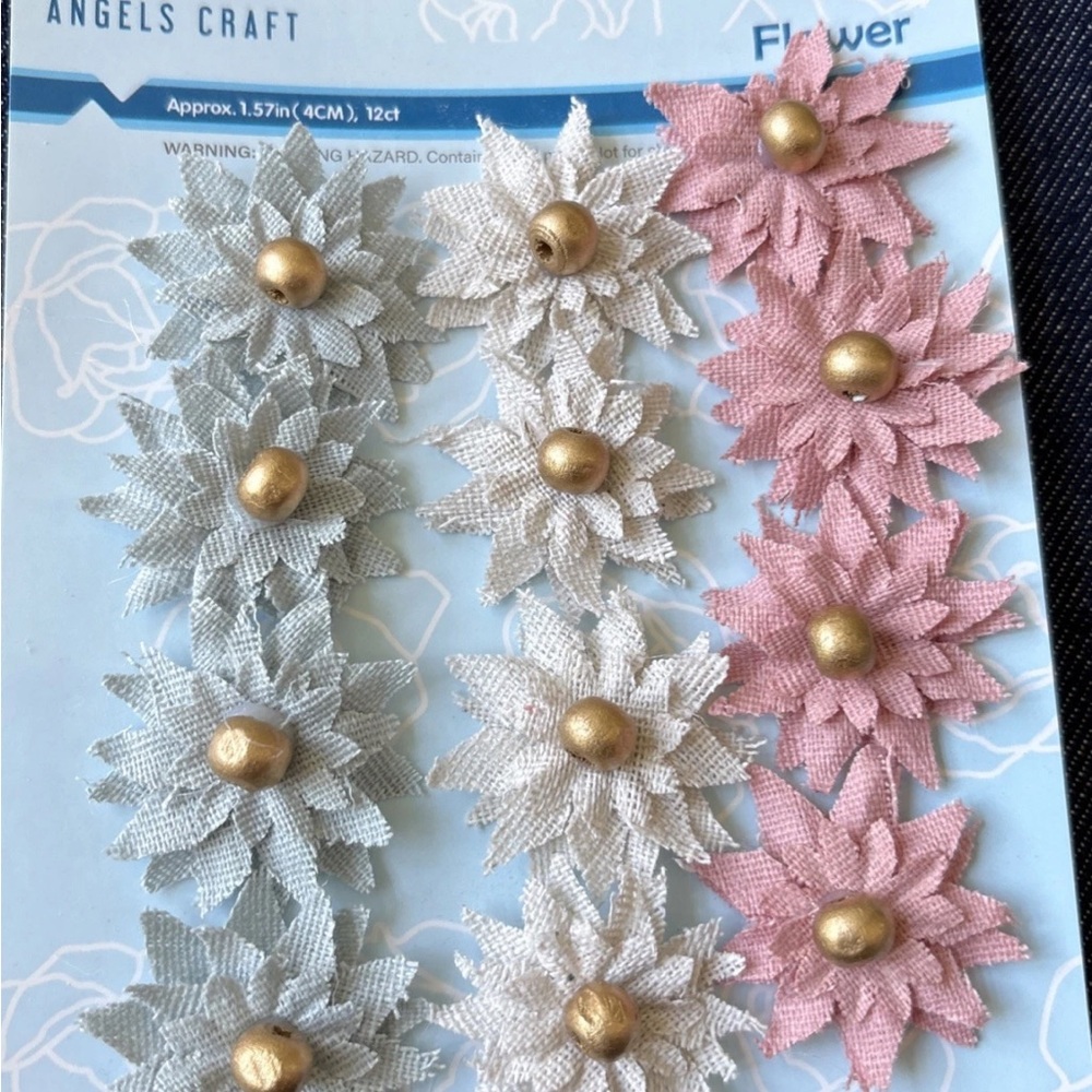 Angels Craft Fabric Flowers 12pcs Pink White Beige Bead DIY Scrapbooking Sewing